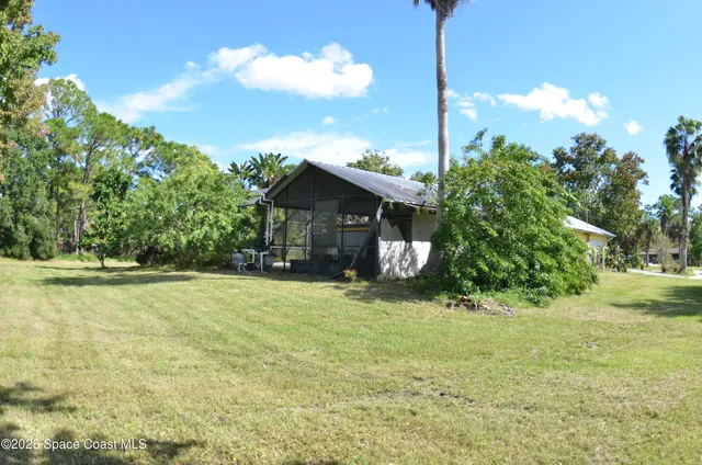 a view of a yard with plants and a bench under large tree