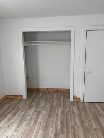 a view of an empty room with wooden floor and closet