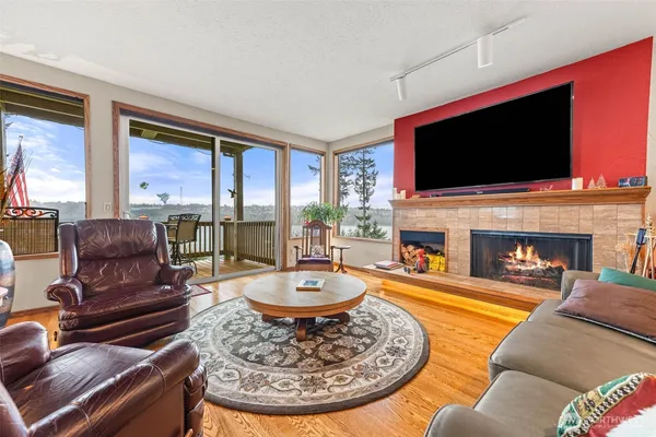 a living room with fireplace furniture and a flat screen tv