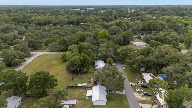 an aerial view of a town with trees