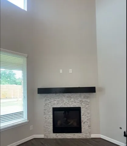 a room with a fireplace