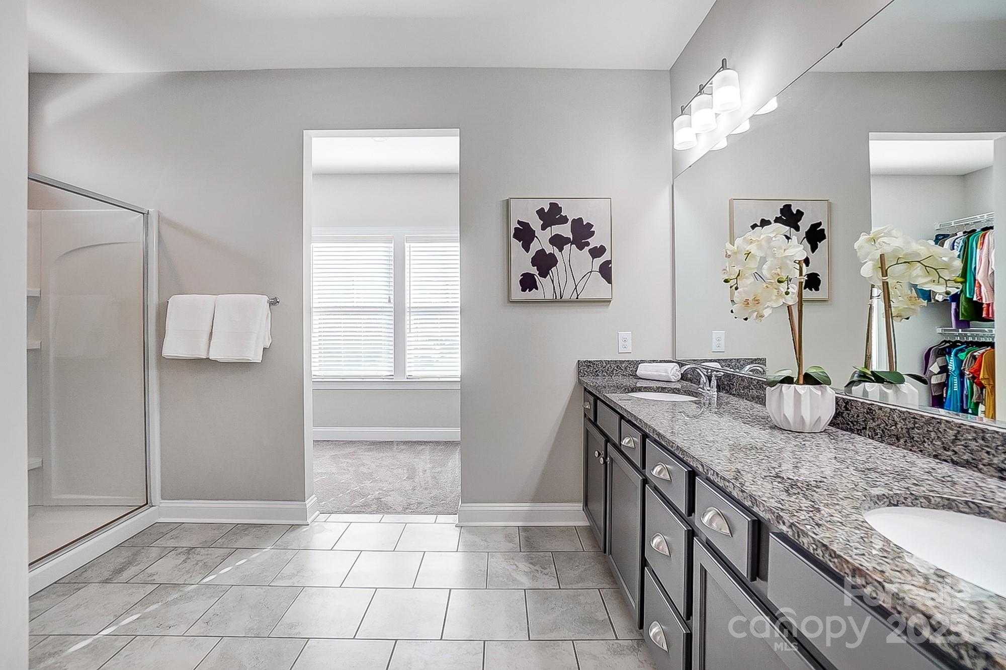 356 Nantucket Way Rock Hill, SC 29732 - Photo 21 of 34 a bathroom with a granite countertop sink a mirror and a shower