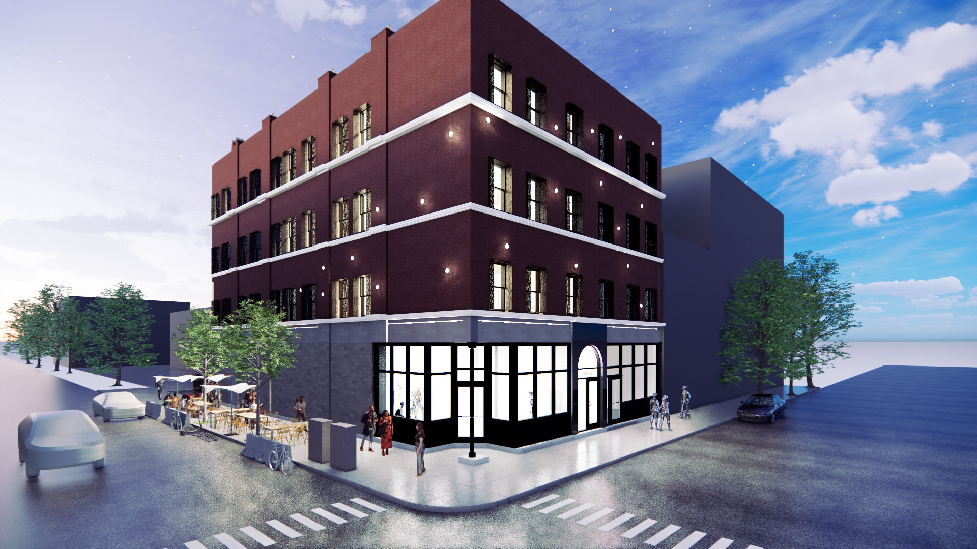 a view of a building with a yard