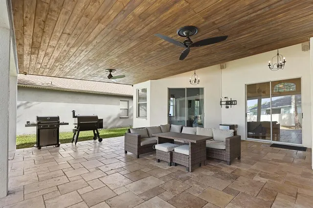 a view of a yard in front of a house with plants and large tree