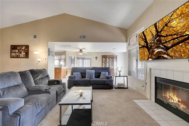 a living room with furniture and a fireplace