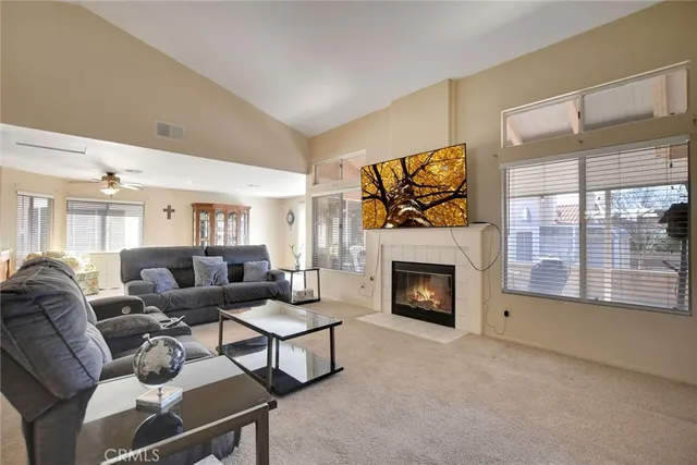 a living room with furniture a fireplace and a flat screen tv