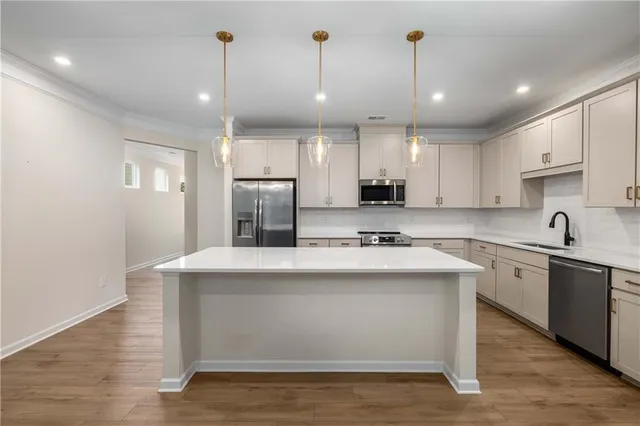 a kitchen with kitchen island a sink and wooden floor