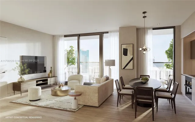 a living room with furniture a flat screen tv and a large window