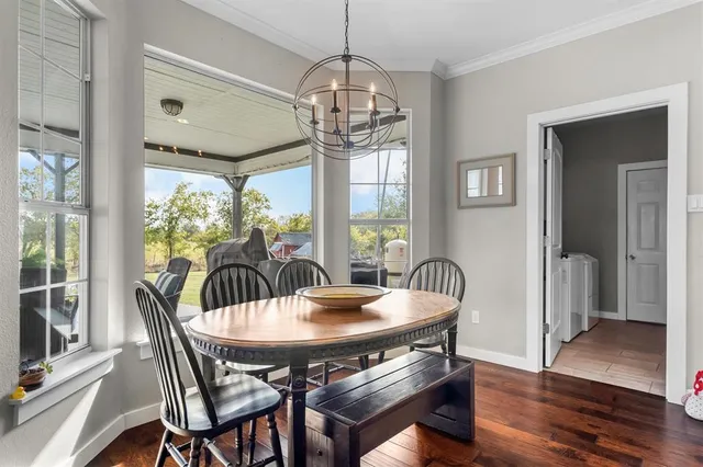 a view of a dining room with furniture window and outside view