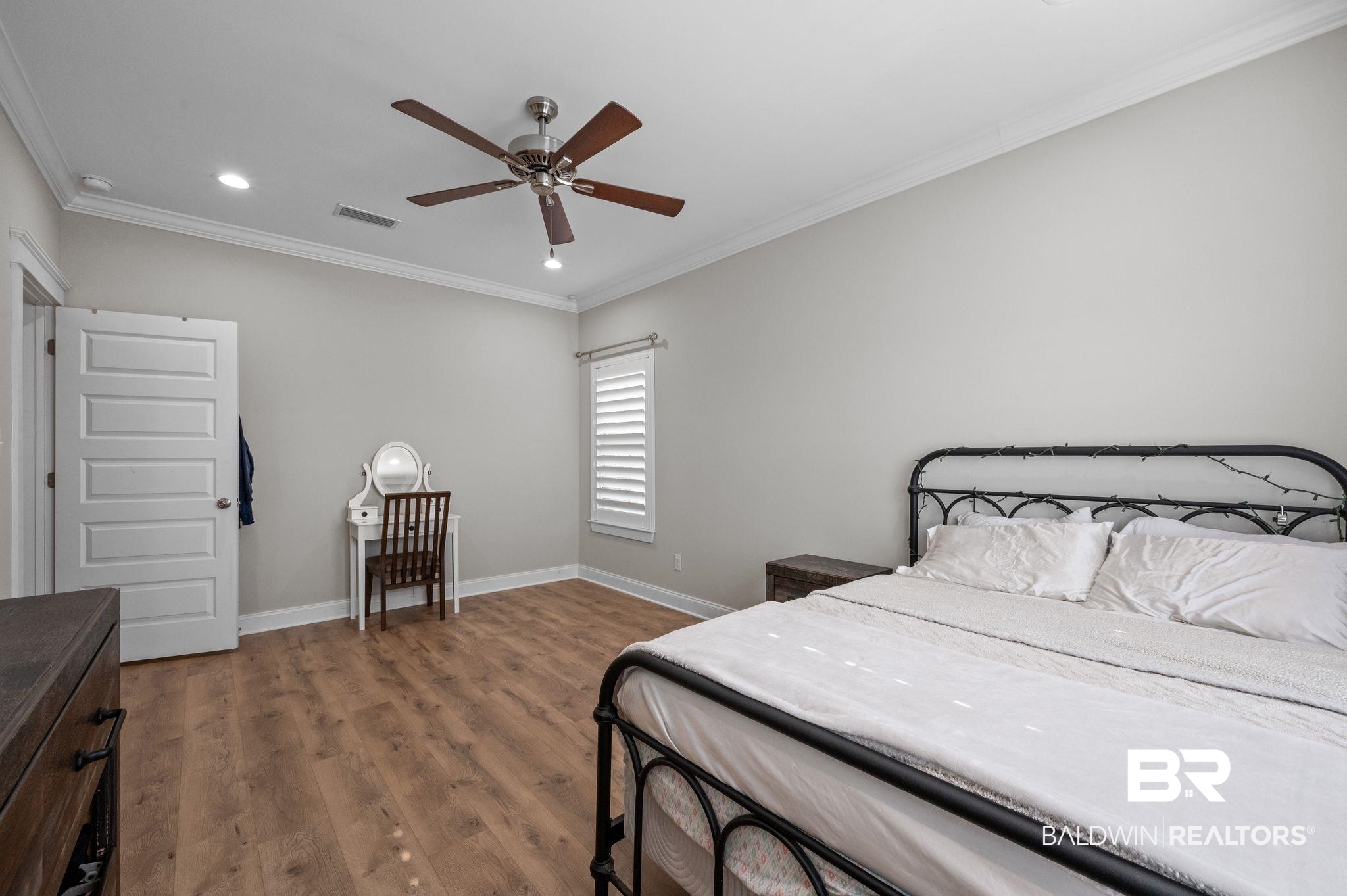32194 Badger Court Daphne, AL 36527 - Photo 26 of 49 Bedroom with crown molding, dark wood-style floors, ceiling fan, and recessed lighting