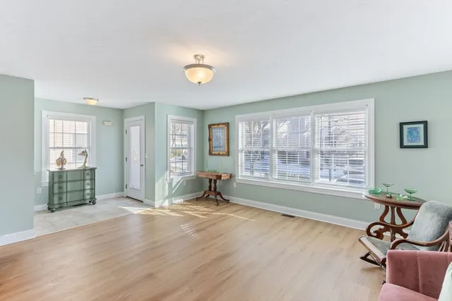 a view of a livingroom with furniture wooden floor and a window