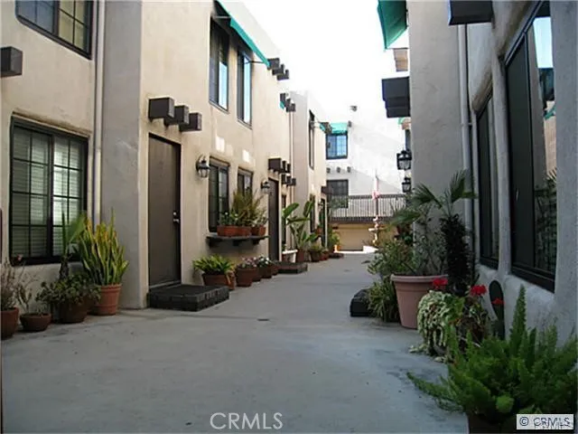 a view of a street with potted plants