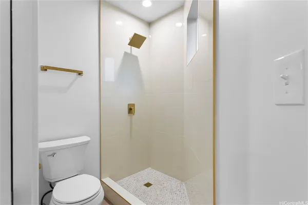a bathroom with a shower and toilet