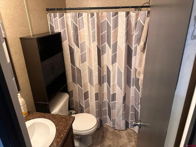 a white toilet sitting next to a shower curtain