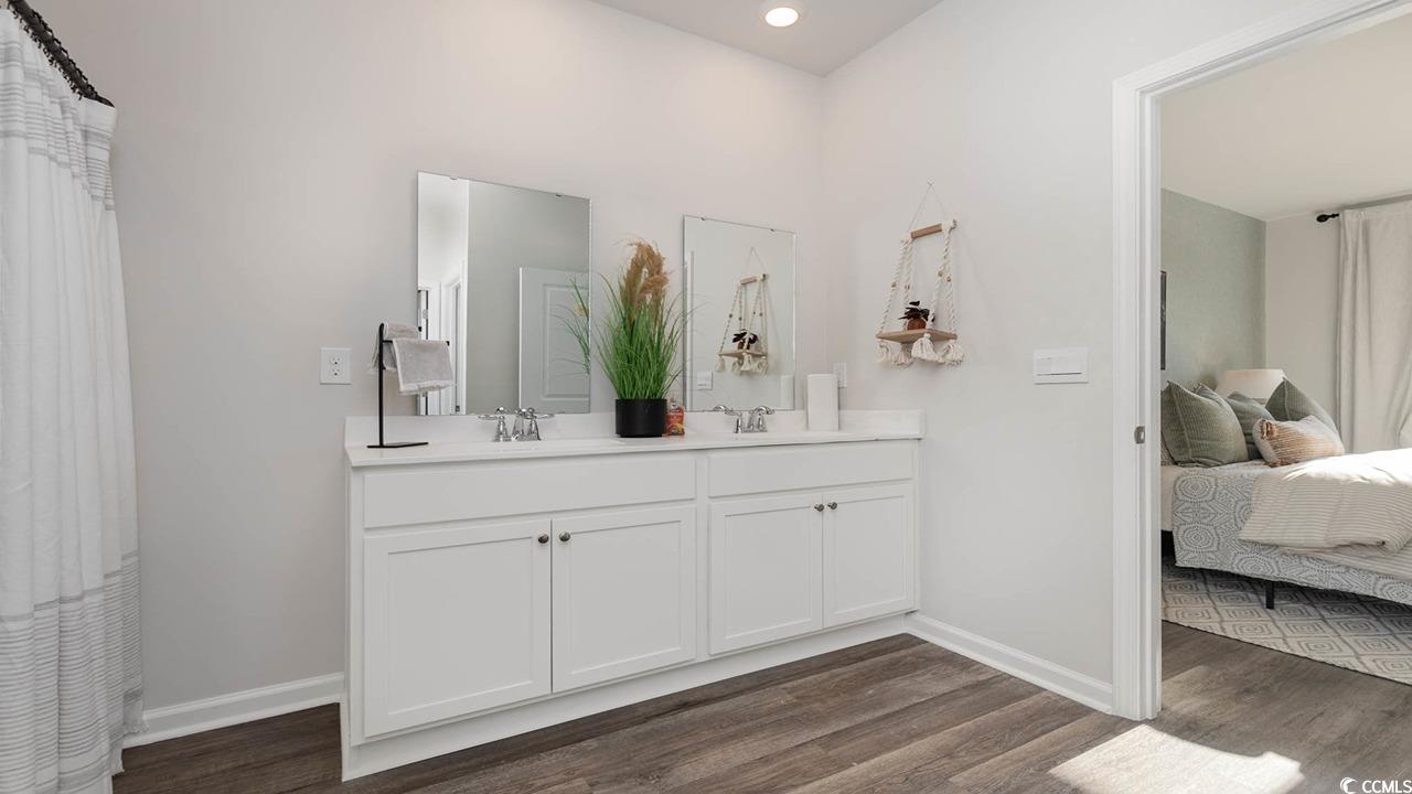 7383 Meadow Walk Loop Loris, SC 29569 - Photo 16 of 29 Bathroom featuring baseboards, double vanity, ensuite bathroom, wood finished floors, and a sink