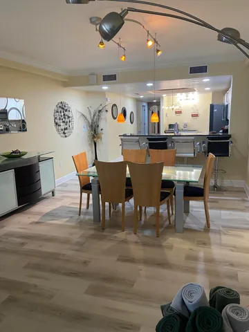 a view of a dining room with furniture