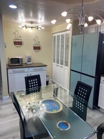 a living room with furniture and a table