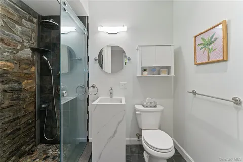 a bathroom with a toilet a sink and mirror