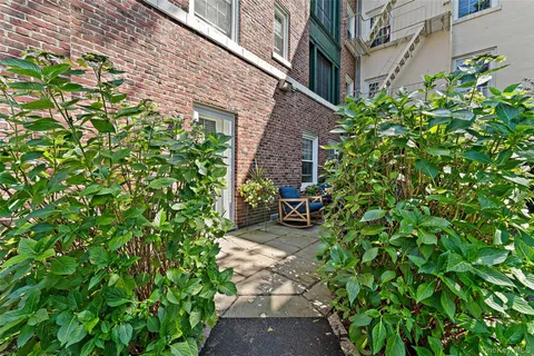 a backyard with plants and lake view