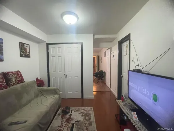 a living room with furniture and a rug