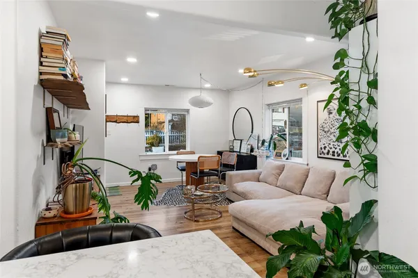 a living room with furniture potted plant and a window