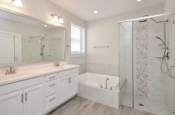 a bathroom with a tub sink shower and mirror