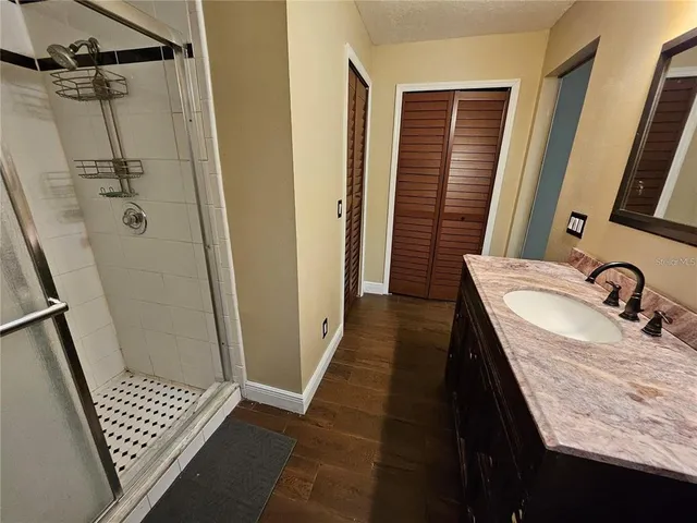 a bathroom with a granite countertop sink and shower