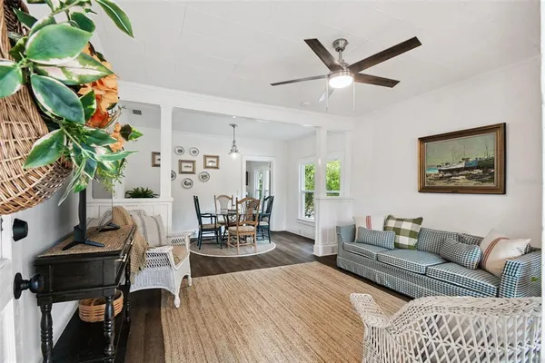 a living room with furniture and a potted plant
