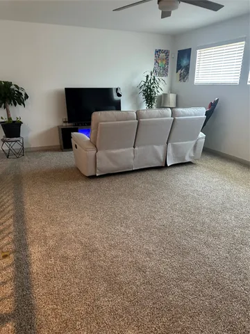 a living room with furniture and a potted plant
