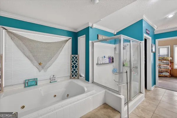 a bathroom with a bathtub and a shower