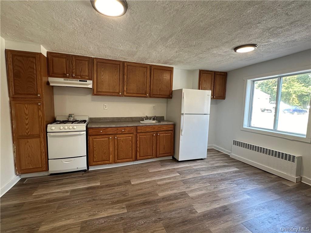 1399 State Rte 55, Unit 11 Clintondale, NY 12515 - Photo 5 of 21 Kitchen featuring white appliances, dark hardwood / wood-style flooring, a textured ceiling, radiator, and sink