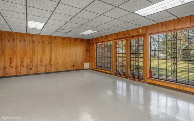 a view of a room with windows