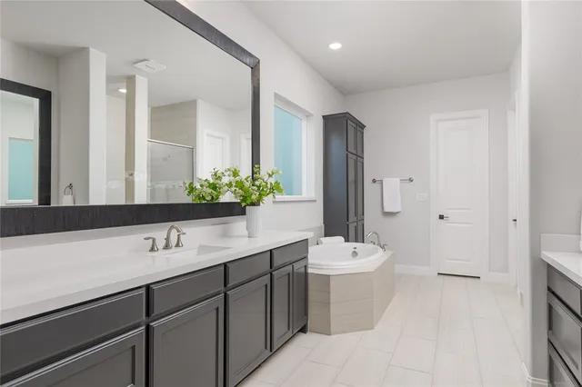 a bathroom with a sink a toilet and a large mirror