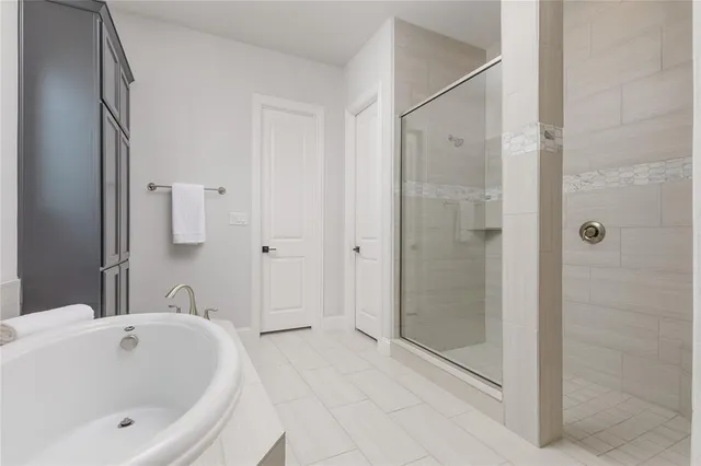 a bathroom with a bathtub and shower