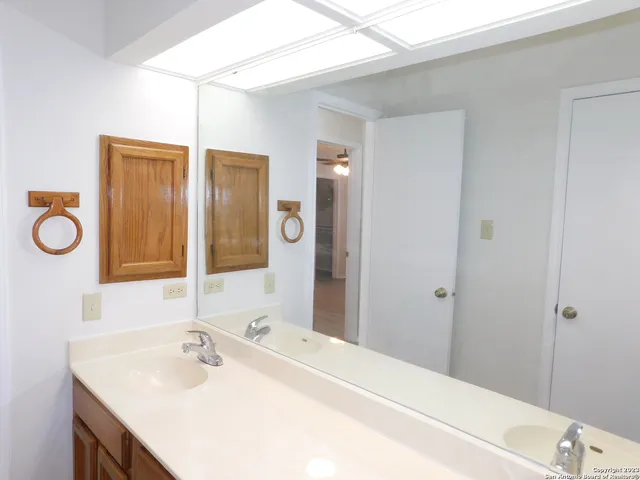 a bathroom with a sink a mirror and a shower