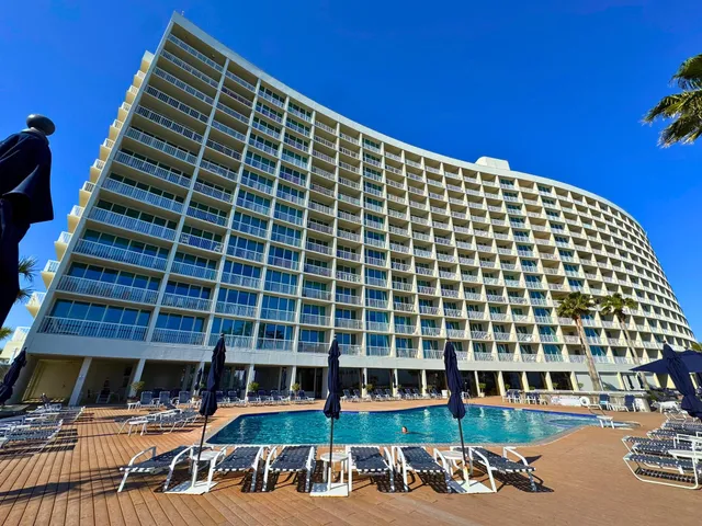 a view of a building with a street