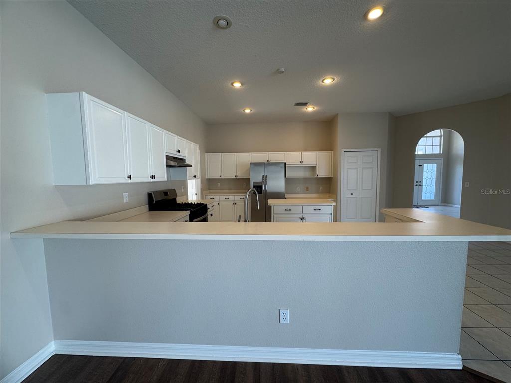 28724 Hanging Moss Loop Wesley Chapel, FL 33543 - Photo 10 of 30 a large kitchen with stainless steel appliances a large counter top a stove a chimney a sink and a refrigerator