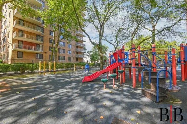 a view of park with large trees