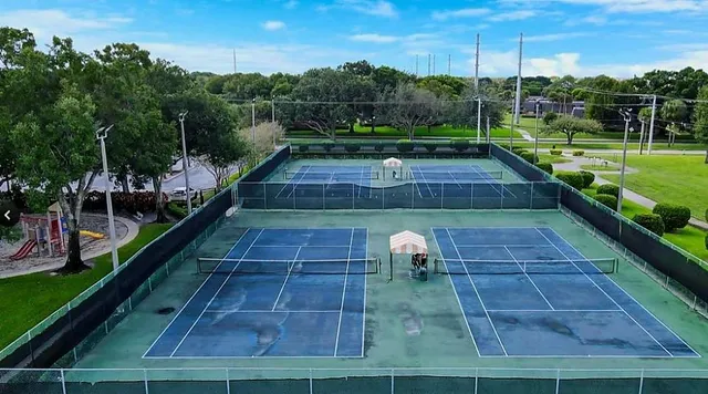 a view of an outdoor space with a swimming pool