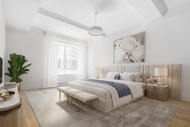 a view of a dining room with furniture and a table