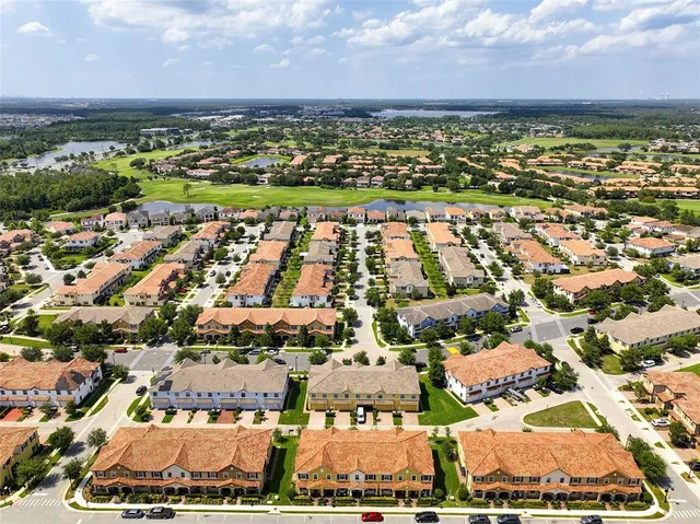 an aerial view of city and lake