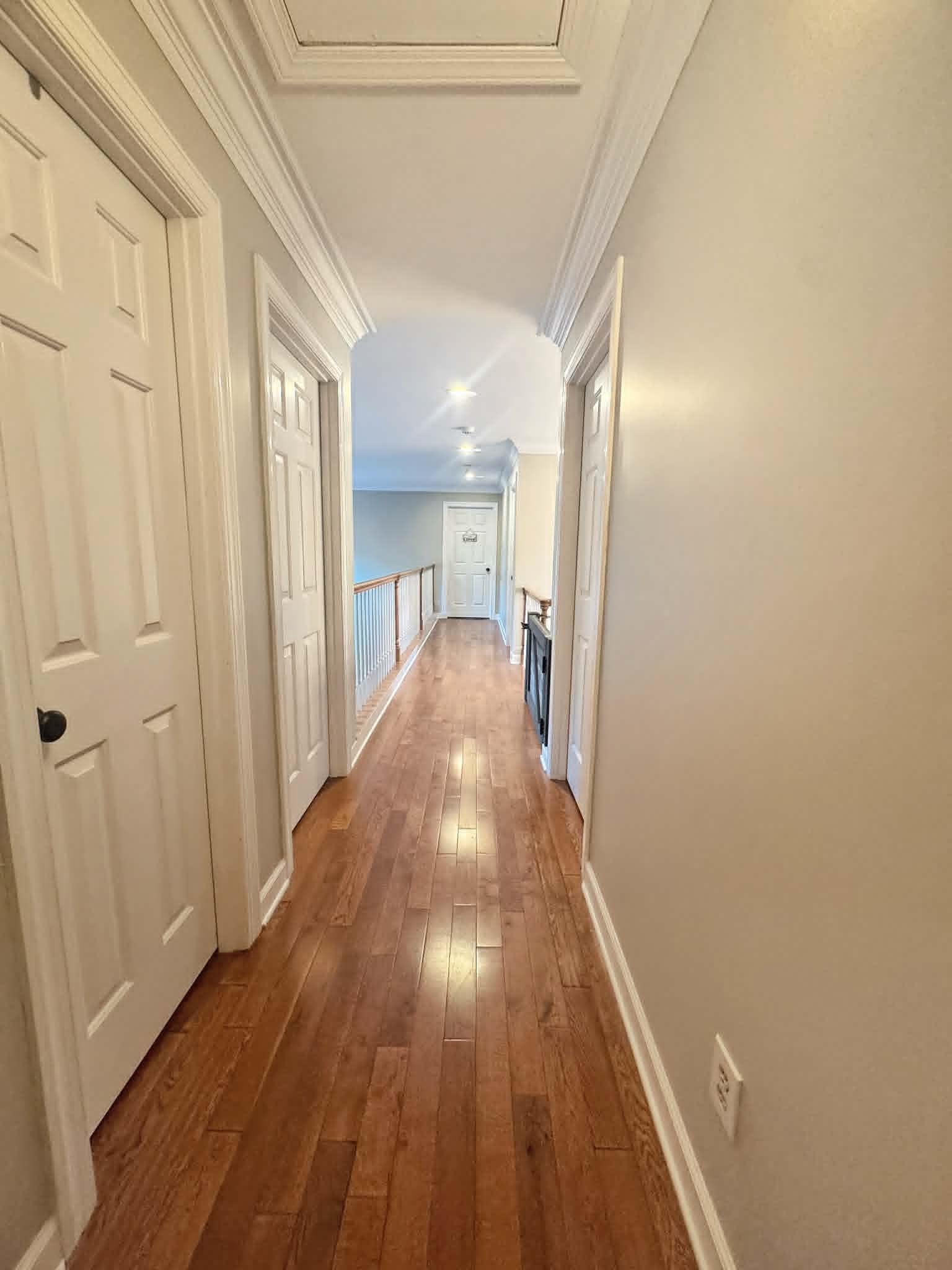37 Crownpointe Cove Jackson, TN 38305 - Photo 25 of 39 Hallway featuring wood-finish flooring, white trim, recessed lighting, and a white baluster railing