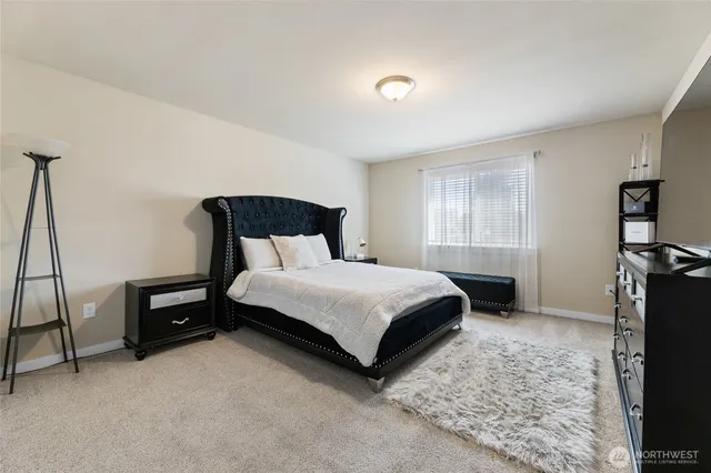 a bedroom with a bed and a television