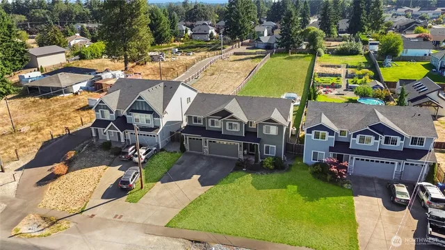 an aerial view of a house with swimming pool and large trees