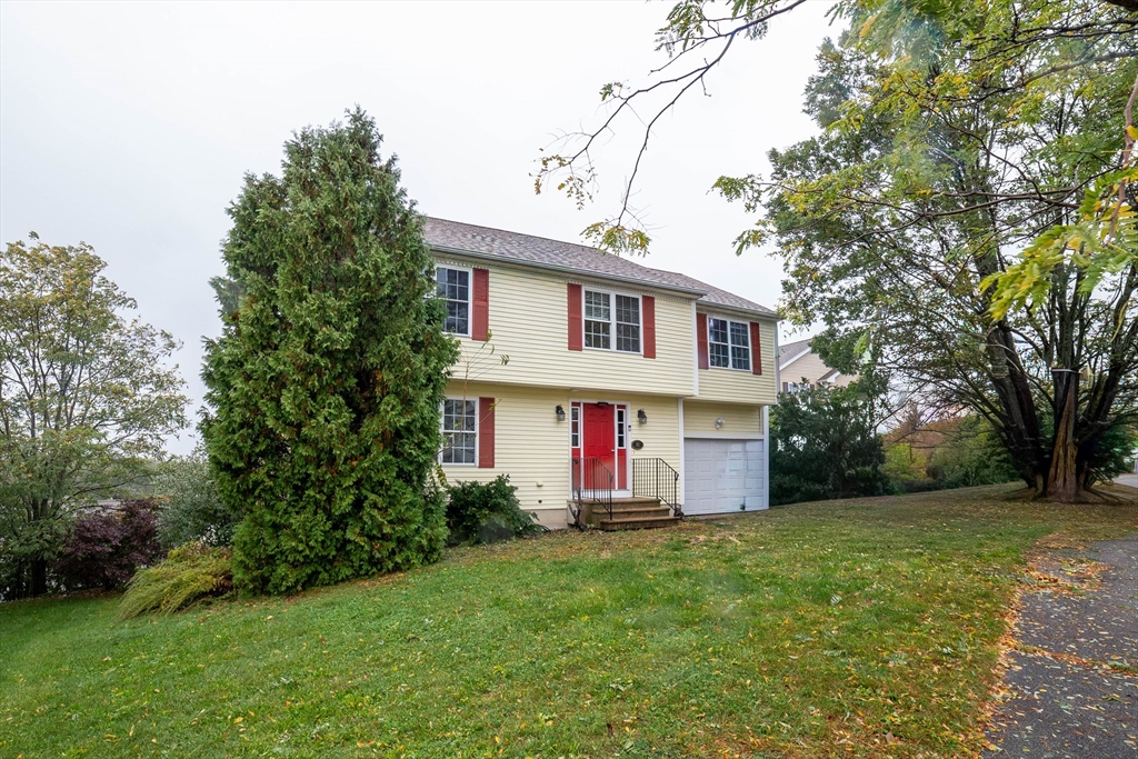 a view of house with yard and tree in front of it