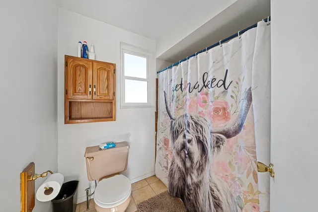 a bathroom with a toilet and a shower curtain