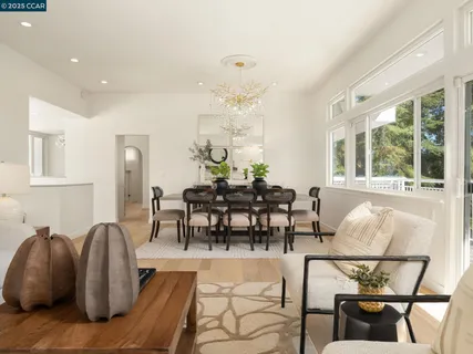 a view of a dining room with furniture window and outside view