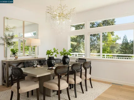 a view of a dining room with furniture wooden floor and chandelier