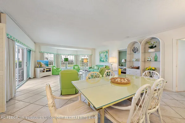 a dining room with furniture and a floor to ceiling window