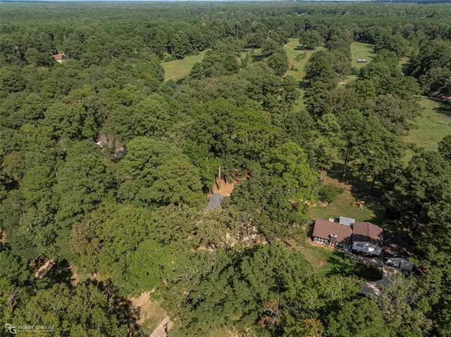 an aerial view of residential house with space and trees all around